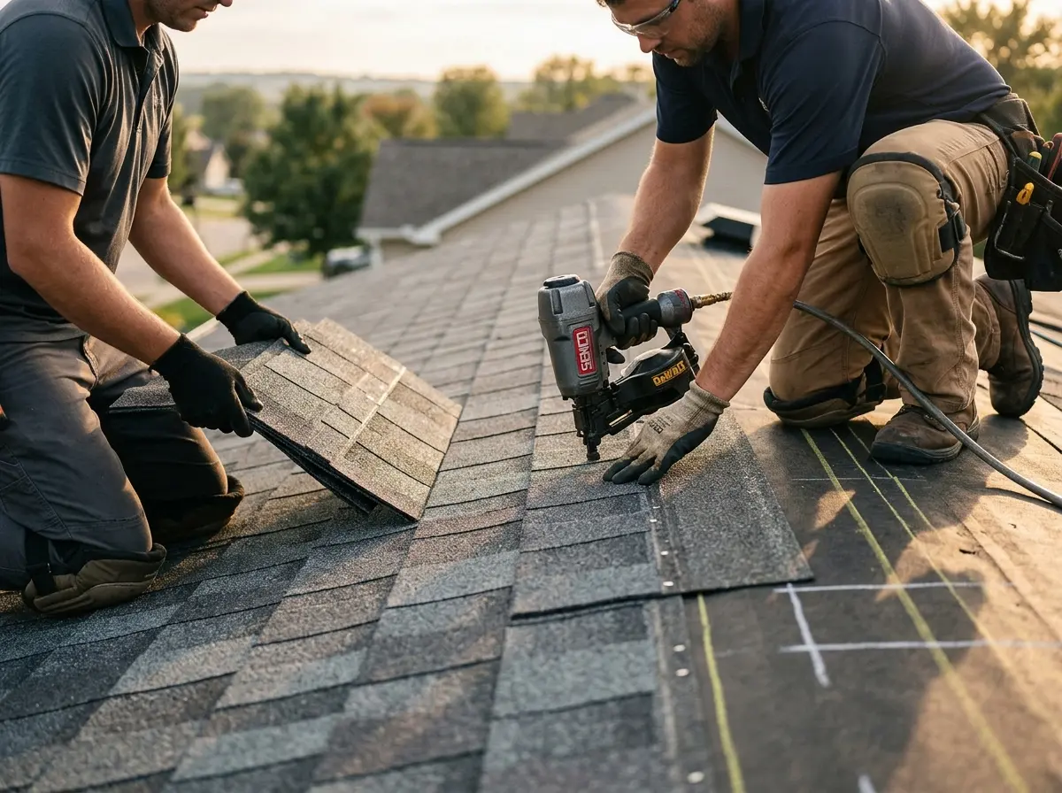 Professional roofer working on a residential roof in International Falls
